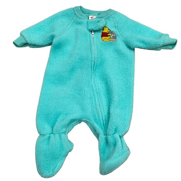 Vintage Sears Winnie The Pooh Baby Footed Onesie Pajamas NB Size Blue Fleece - Picture 1 of 5